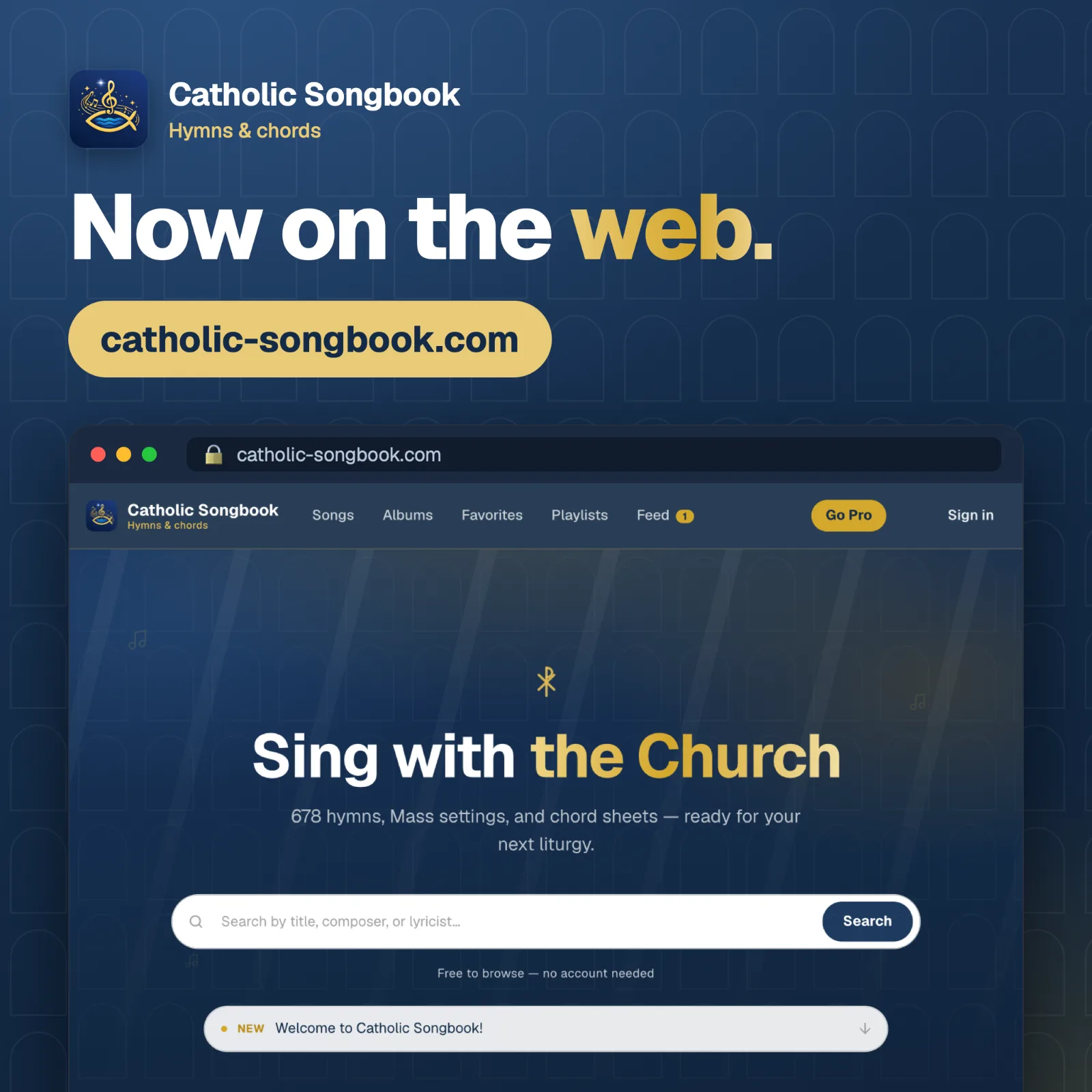The Catholic Songbook website at catholic-songbook.com, open in a browser window.