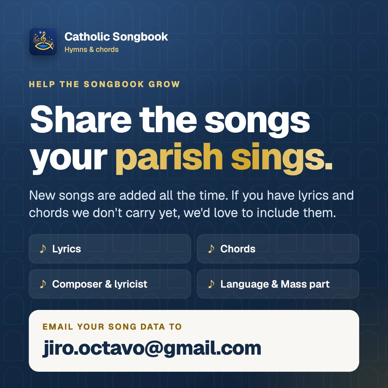 Help the songbook grow: email your song data to jiro.octavo@gmail.com.