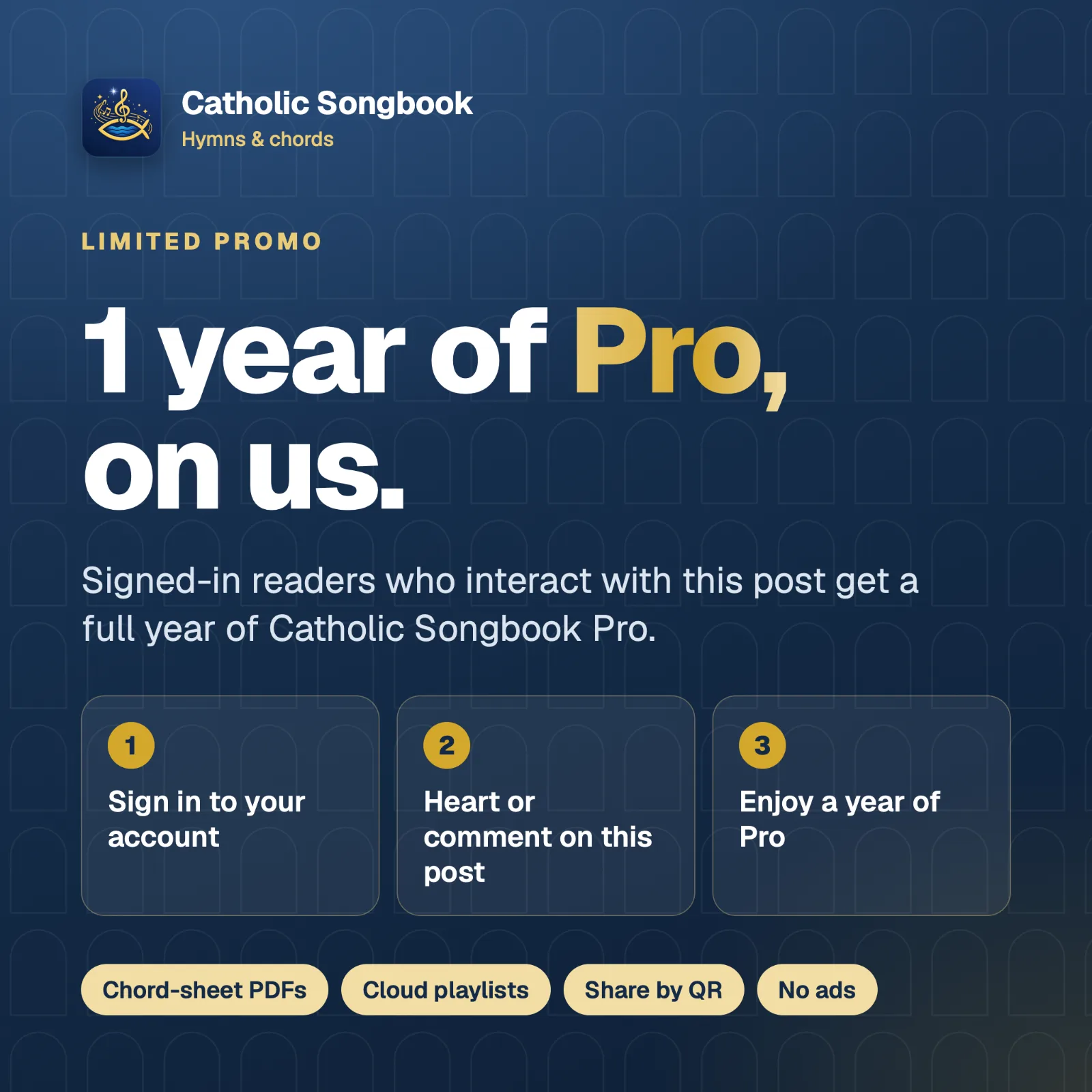 Promo card: 1 year of Catholic Songbook Pro. Sign in, then heart or comment on this post.